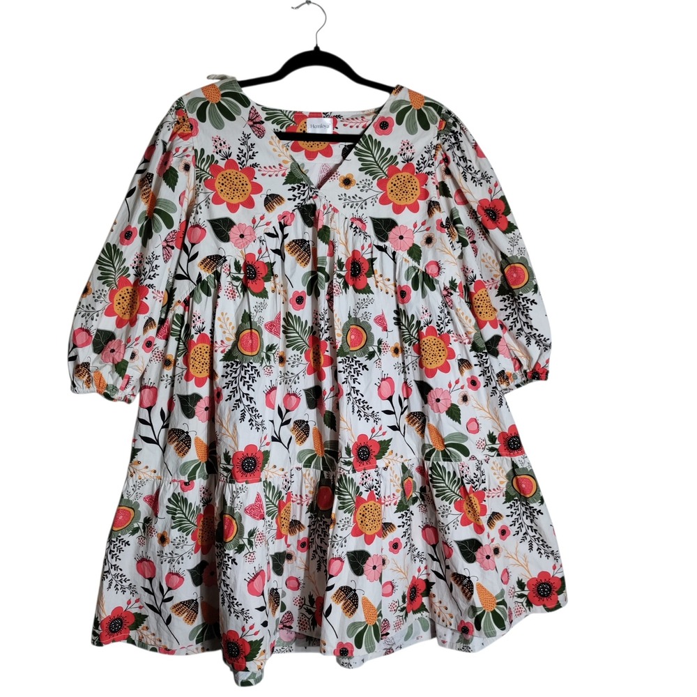 Hemloya Floral Cotton Babydoll Mini Dress V-Neck Puff Sleeve White Multi Size M